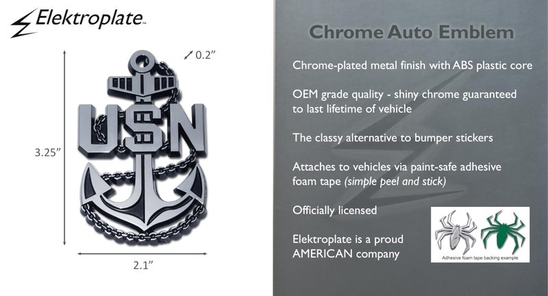 Elektroplate Officially Licensed USN Navy Anchor OEM Chrome Emblem for Cars, Trucks, and All Auto | Universal Fit at 3.25" x 2.1" | Weatherproof - Image 3